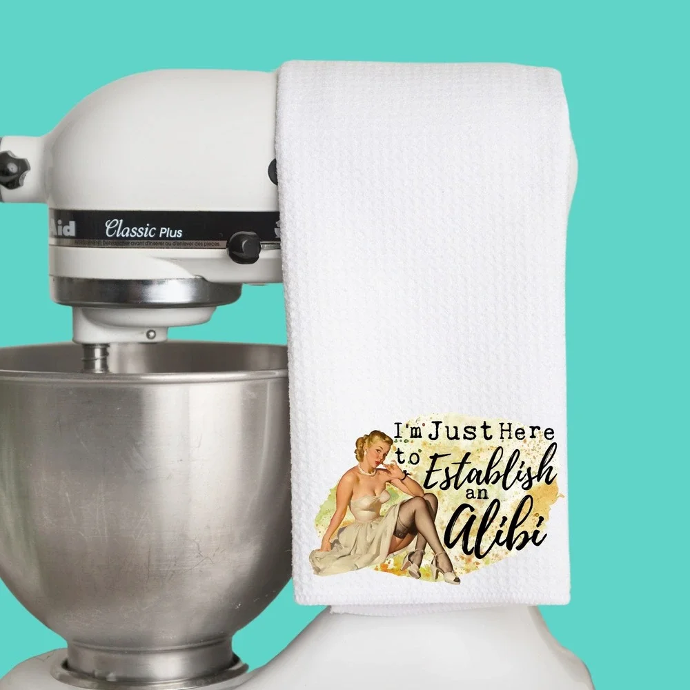 Vintage Pin Up Alibi Waffle Weave Kitchen Towel White Retro Hand Towel 16x24